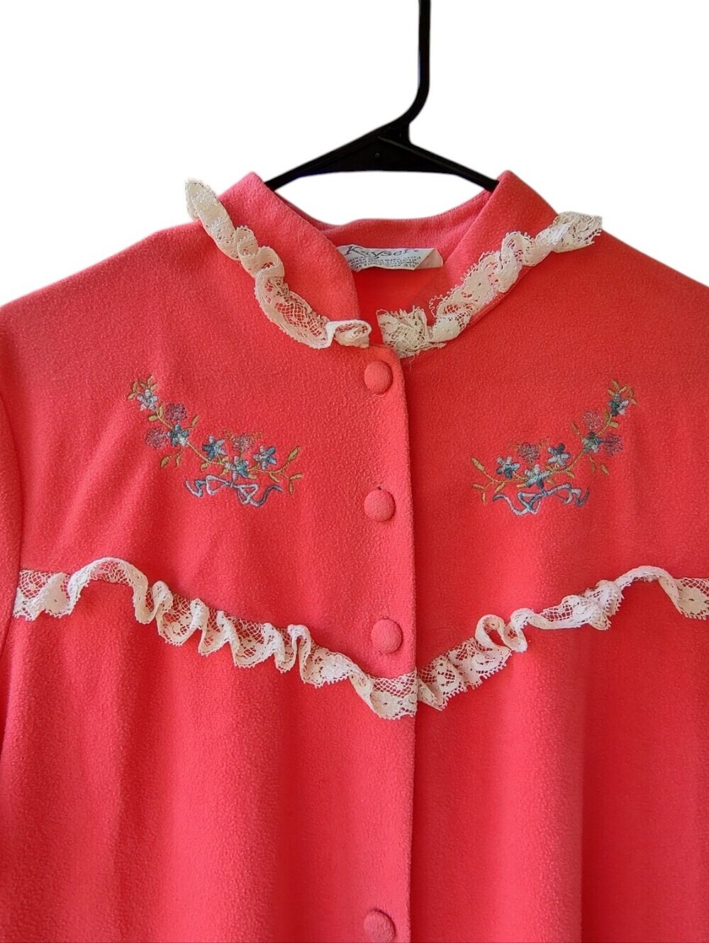 Vintage Coral Button-Front Embroidered Robe with Ruffle Trim - Picture 2 of 6